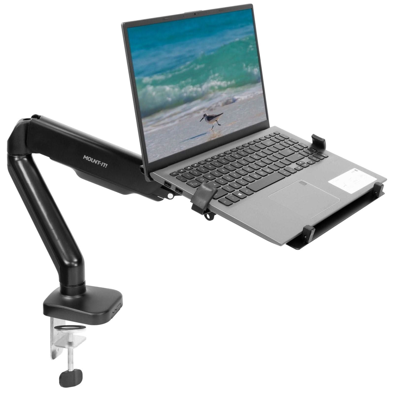 Angle. Mount-It! - Height Adjustable Laptop Desk Mount with Full Motion Arm & Ventilated Tray for Ergonomic Workstations, Black - Black.