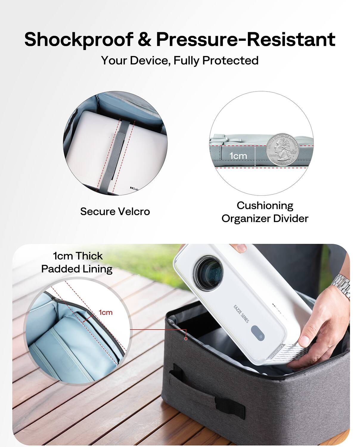 Shockproof & Pressure-Resistant  
Your Device, Fully Protected  

Secure Velcro  

Cushioning Organizer Divider  
1cm  

1cm Thick Padded Lining  

EAZZE SERIES