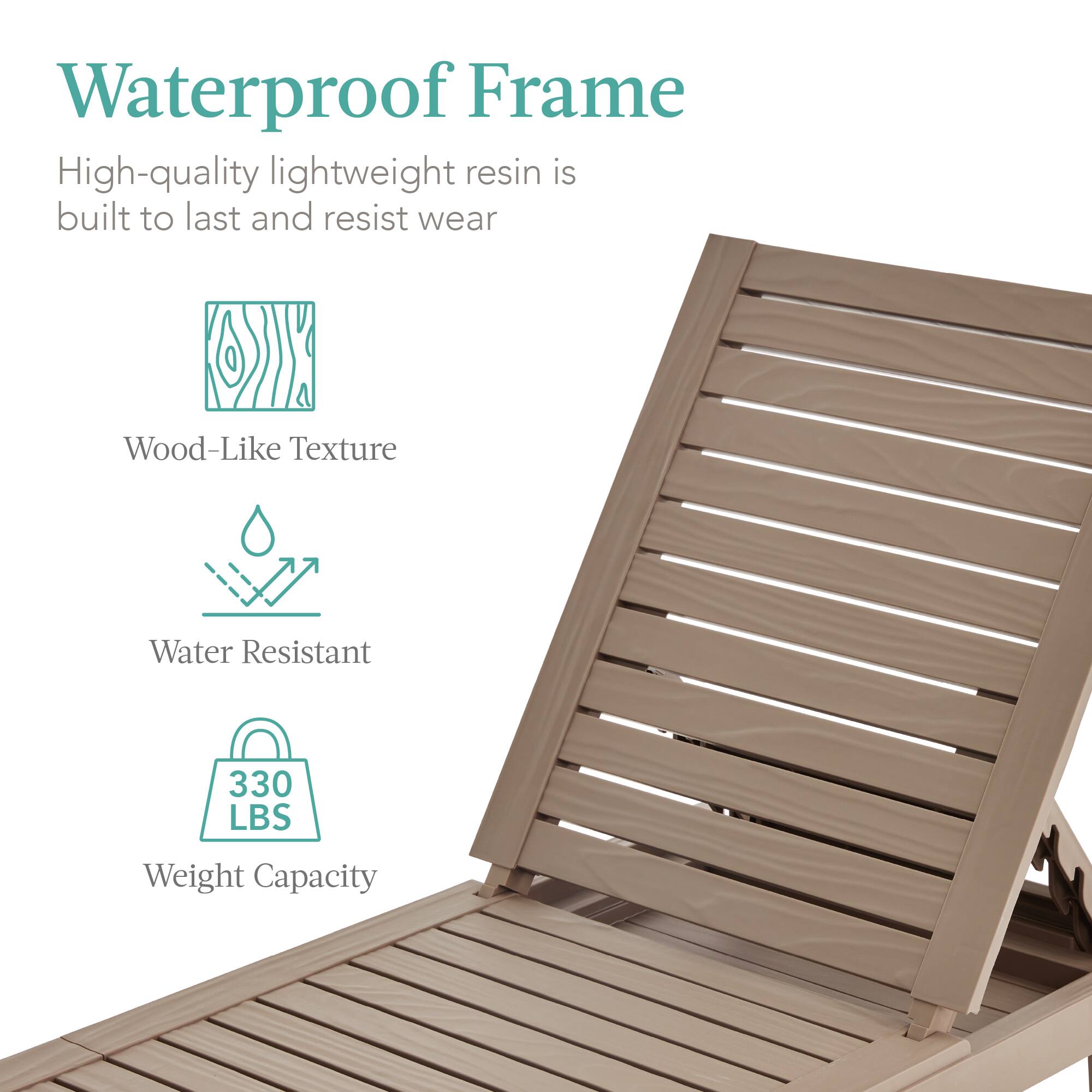 Waterproof Frame  
High-quality lightweight resin is built to last and resist wear  

Wood-Like Texture  
Water Resistant  
330 LBS Weight Capacity
