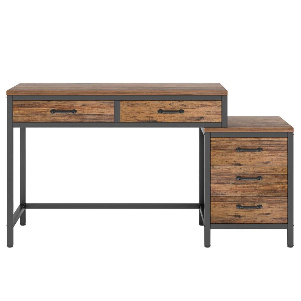 Alt View 1. Kadyn - Kadyn Study Writing Desk, 5-Drawer Computer Desk with Reversible Drawer Cabinet,Rustic Brown - Brown.