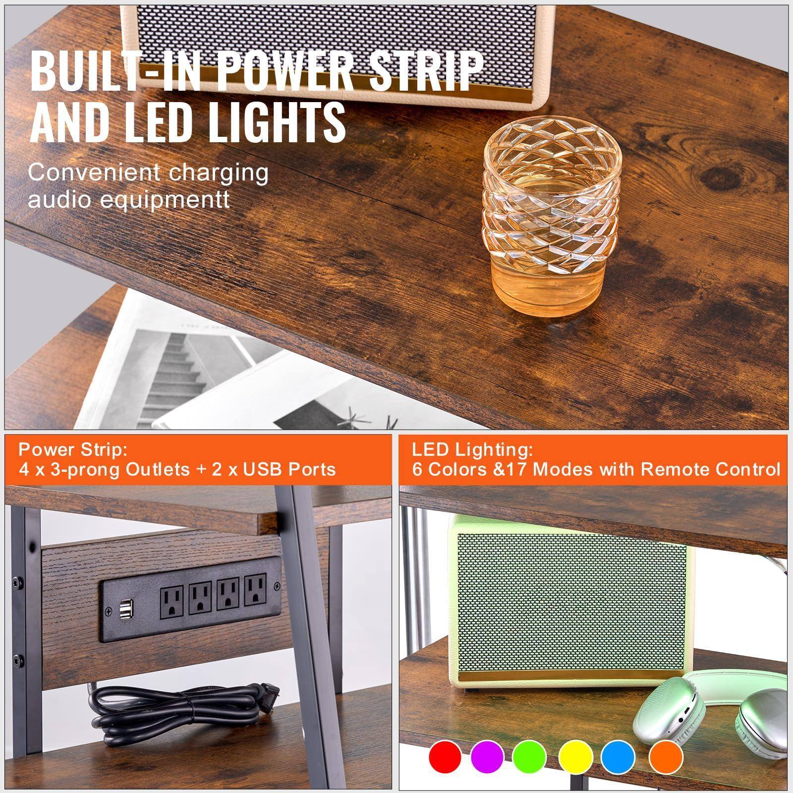 BUILT-IN POWER STRIP AND LED LIGHTS

Convenient charging audio equipment

Power Strip:
4 x 3-prong Outlets + 2 x USB Ports

LED Lighting:
6 Colors & 17 Modes with Remote Control