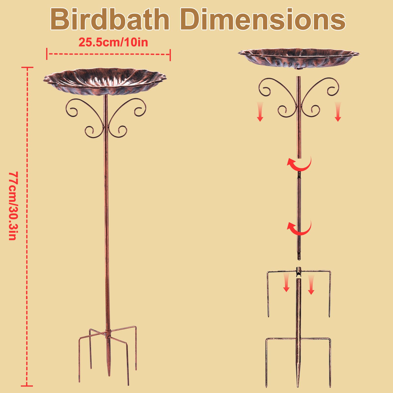 Birdbath Dimensions  
25.5cm/10in  
77cm/30.3in