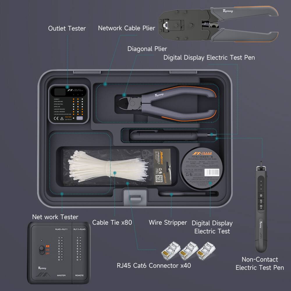 - Outlet Tester
- Network Cable Plier
- Diagonal Plier
- Digital Display Electric Test Pen
- Network Tester
- Cable Tie x80
- Wire Stripper
- Digital Display Electric Test
- RJ45 Cat6 Connector x40
- Non-Contact Electric Test Pen