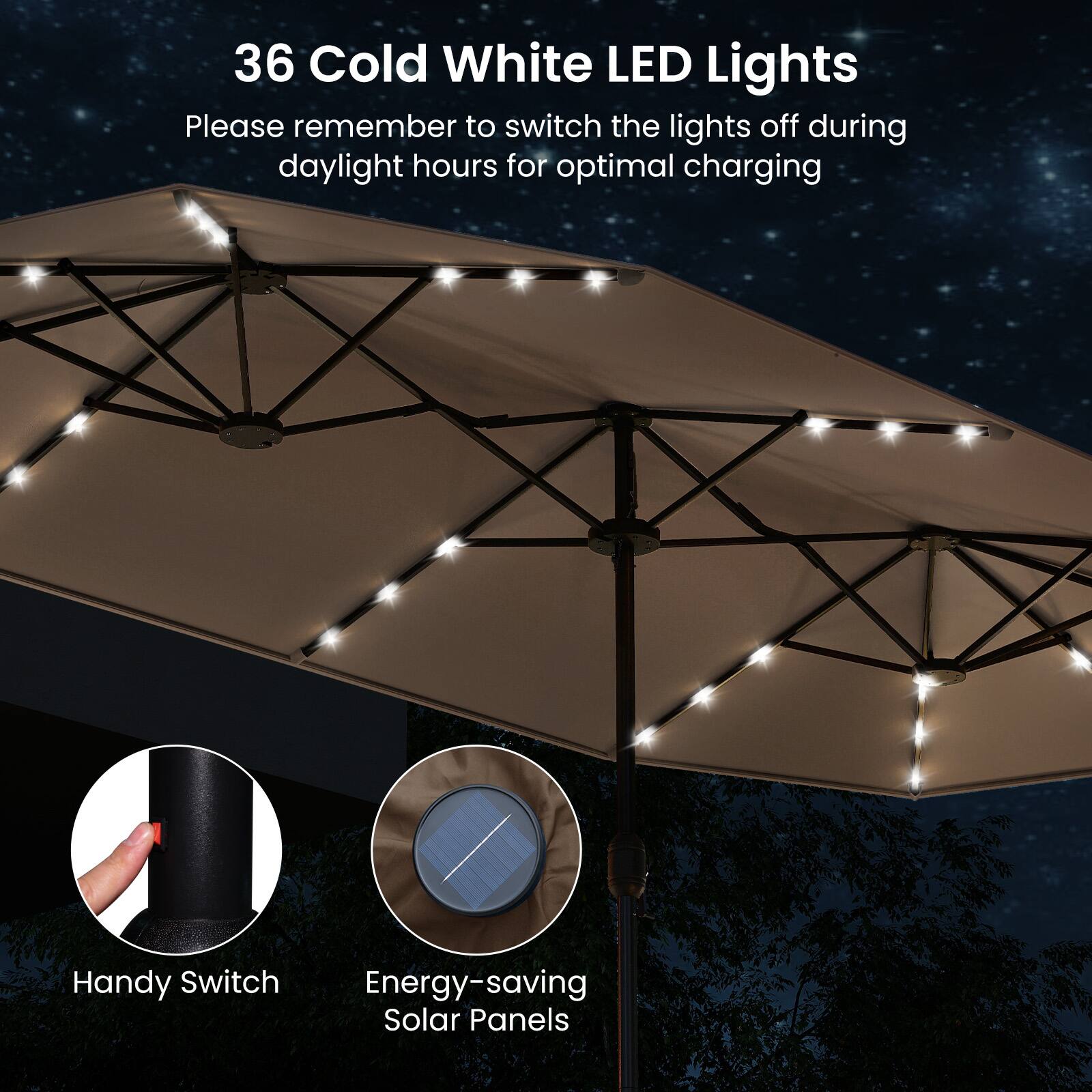 36 Cold White LED Lights  
Please remember to switch the lights off during daylight hours for optimal charging  

Handy Switch  
Energy-saving Solar Panels