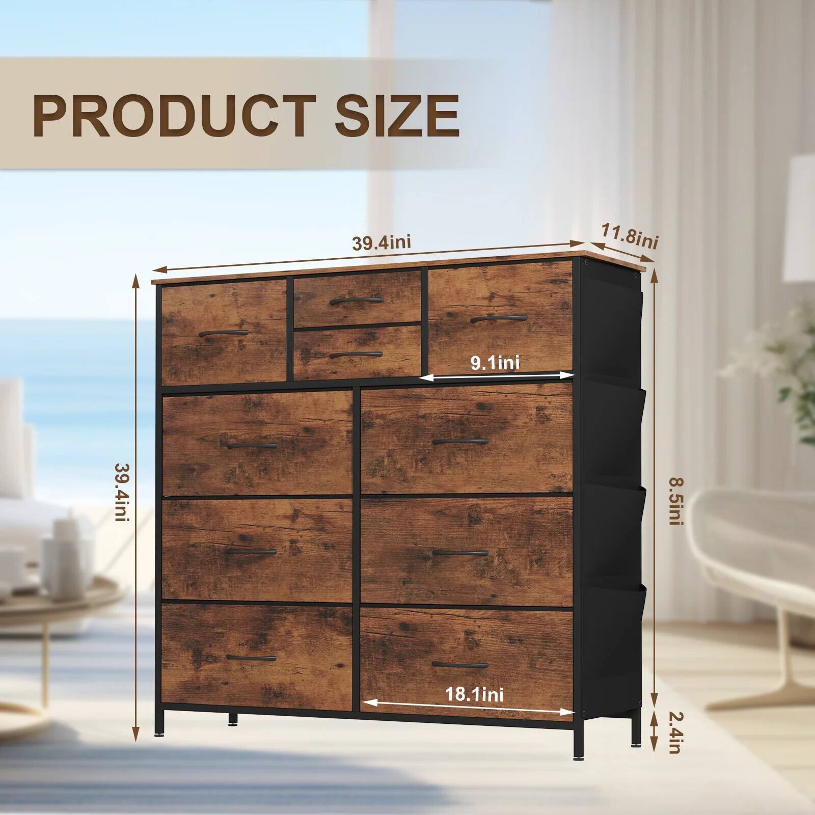 The corrected text is:

PRODUCT SIZE: 39.4in x 11.8in x 9.1in x 8.5in x 18.1in x 2.4in