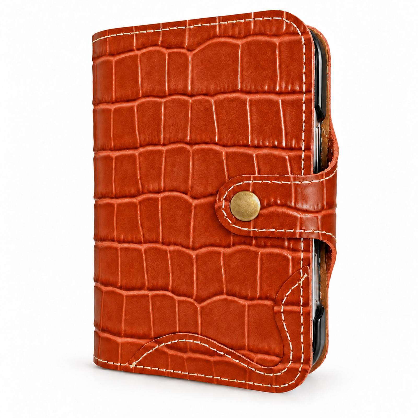 Angle. Dteck - Luxury Crocodile Pattern Leather Wallet Case for Apple iPhone Duo, Shockproof Folio Cover with Card Holder Snap Closure - Brown.