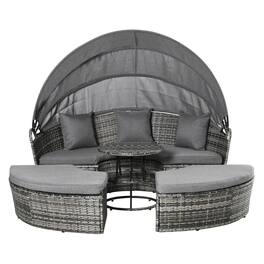 Resenkos - 4 Pieces Round Rattan Daybed Furniture Set, Outdoor Sectional Furniture, Non-slip,Polyethylene Rattan - Gray