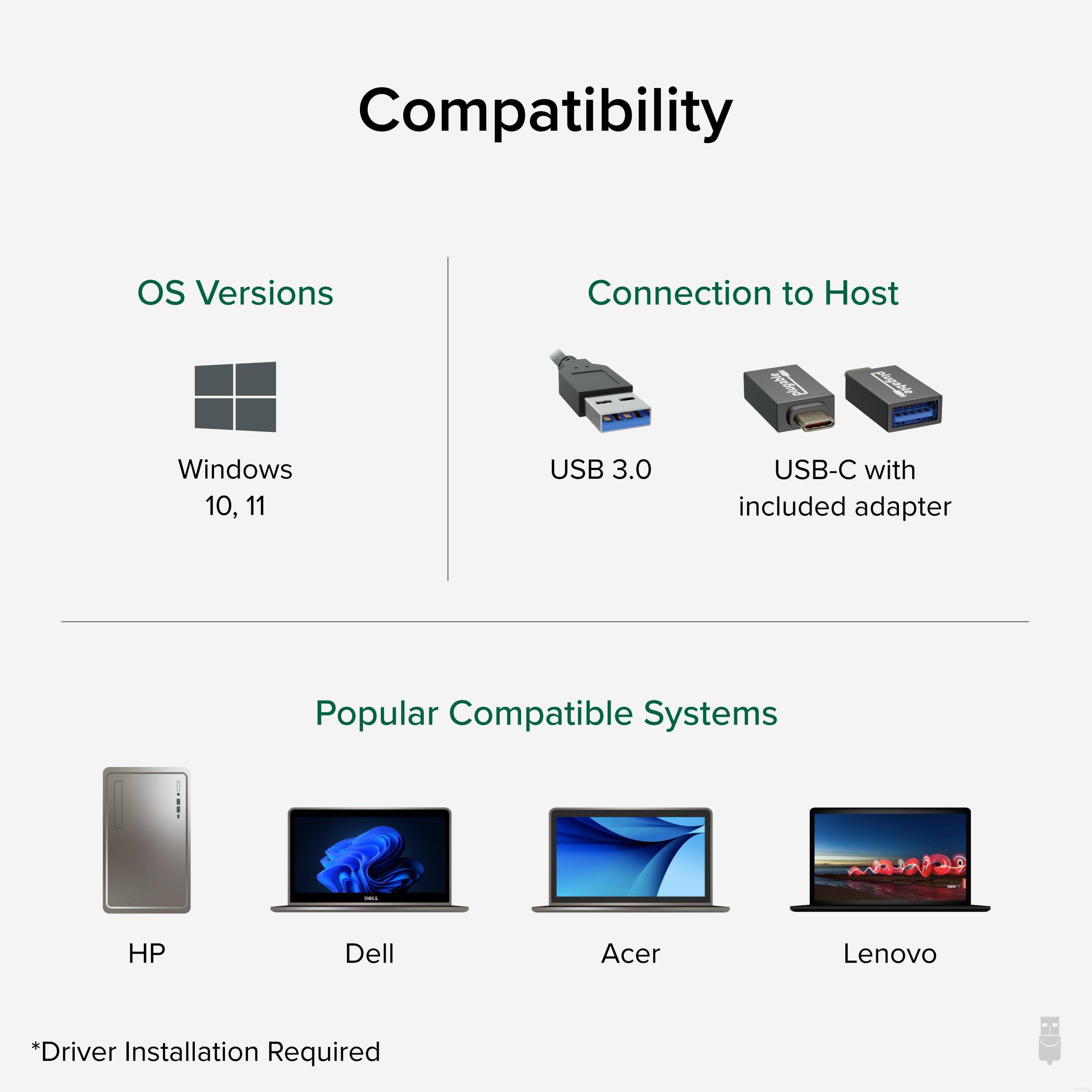 Compatibility

OS Versions  
Windows 10, 11

Connection to Host  
USB 3.0  
USB-C with included adapter

Popular Compatible Systems  
HP  
Dell  
Acer  
Lenovo

*Driver Installation Required