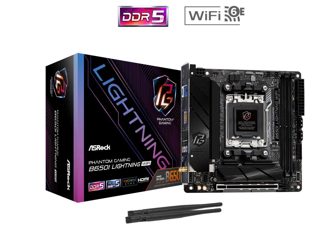 Sure, here is the corrected and grouped text:
---
**ASRock Phantom Gaming B650I Lightning WiFi**
- DDR5
- WiFi 6E
- PCIe 5.0
- POLYCHROME SYNC
- AMD Ryzen
- M.2 ARMOR
---
**Lightning**
---
**Phantom Gaming**
---
**B650I**
---
**Lightning WiFi**
---
**DDR5**
---
**WIFI 6E**
---
**PCIe 5.0**
---
**POLYCHROME SYNC**
---
**AMD Ryzen**
---
**M.2 ARMOR**
---