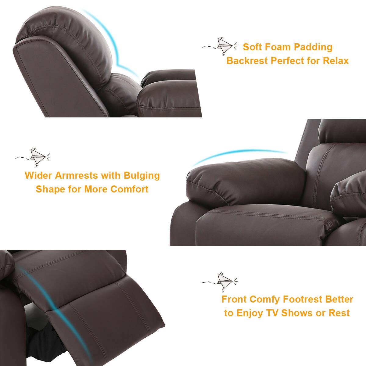 - Soft Foam Padding Backrest Perfect for Relax
- Wider Armrests with Bulging Shape for More Comfort
- Front Comfy Footrest Better to Enjoy TV Shows or Rest