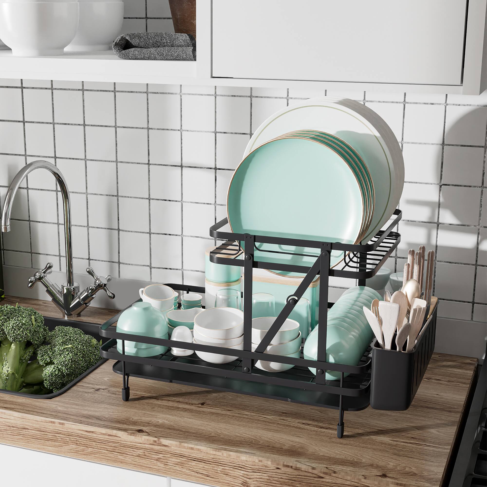 Alt View 3. Costway - Costway Dish Drying Rack Collapsible 2 Tier Dish Rack and Drainboard Set Kitchen Counter - Black.