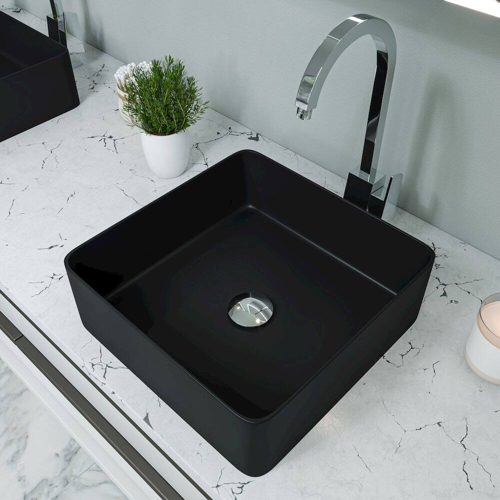 Angle. Alfi - Black Matte 16" Modern Square Above Mount Ceramic Sink - Black.