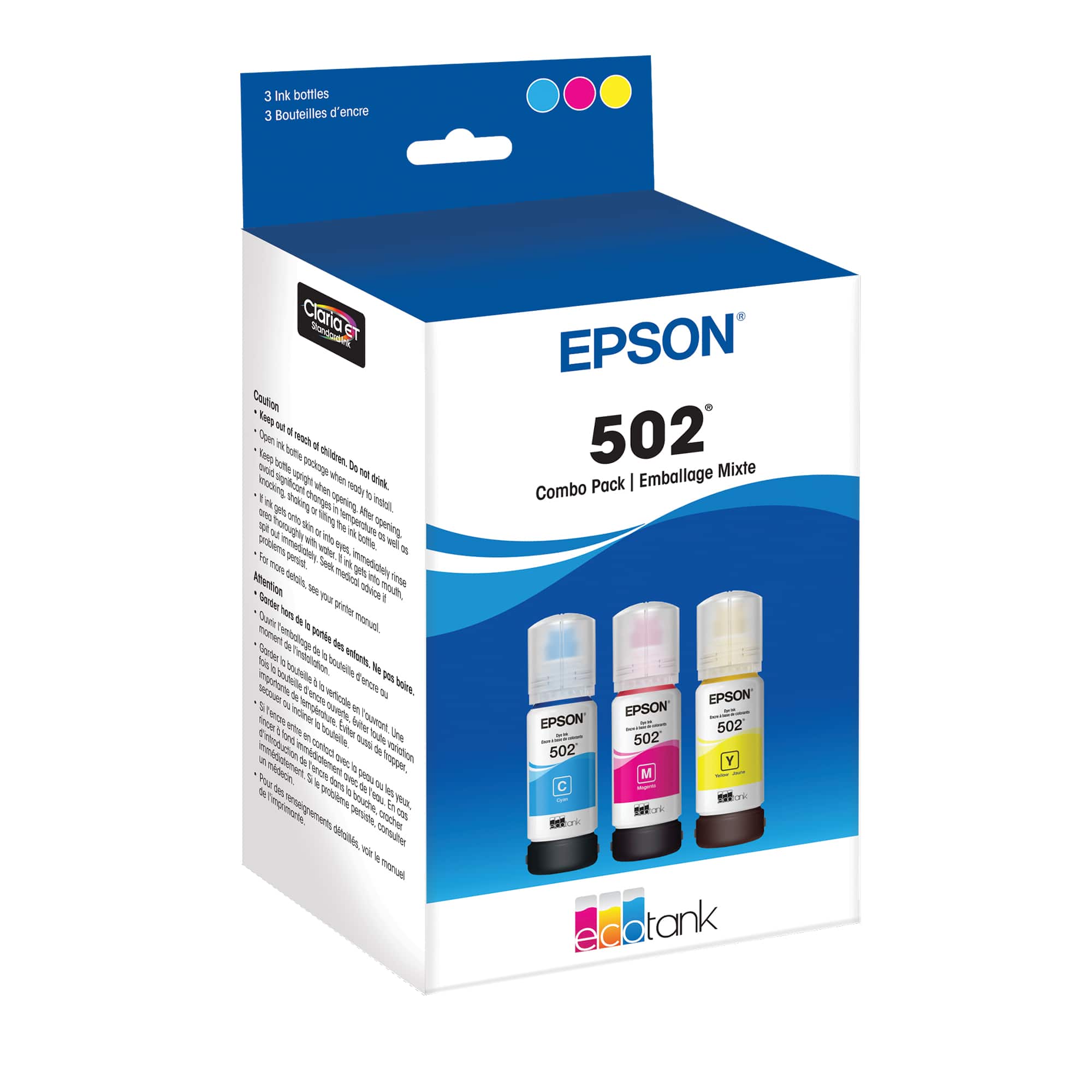 Epson - EcoTank 502 3-Pack Ink Bottles - Cyan/Magenta/Yellow - Front_Zoom