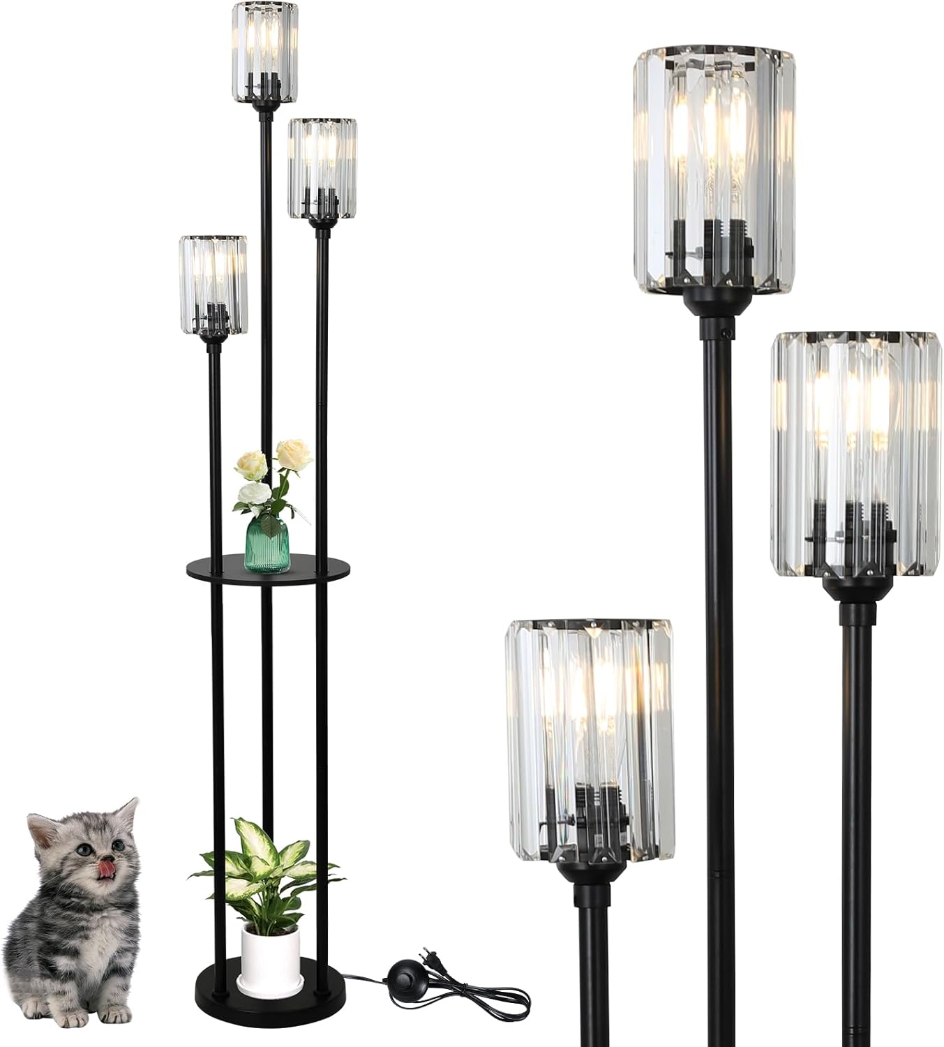 Front. Cozy Serene - Gold Floor Lamp Lamp Modern Crystal Crystal Lamps Living Room with Shelves Standing Table Brass Tall - Black-Crystal.