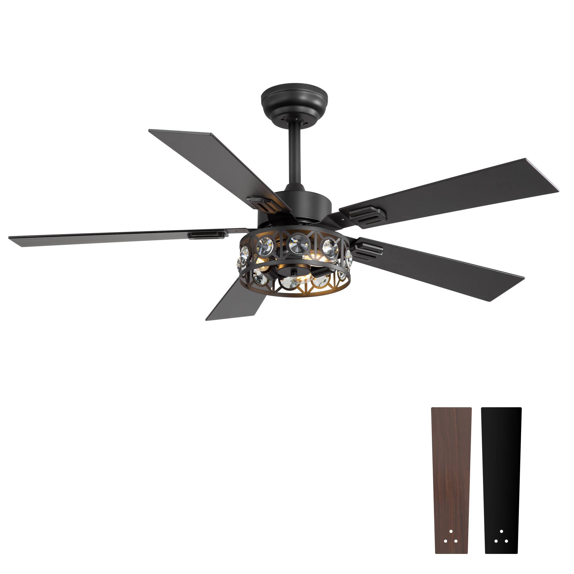 Alt View 8. Breezary - Breezary 48" Ceiling Fan with 5 Plywood Dual Finish Blades, 6 Speeds, DC Motor, 4''&8'' Downrods, Remote Control & Timer - Matte Black and Dark Wood Grain.