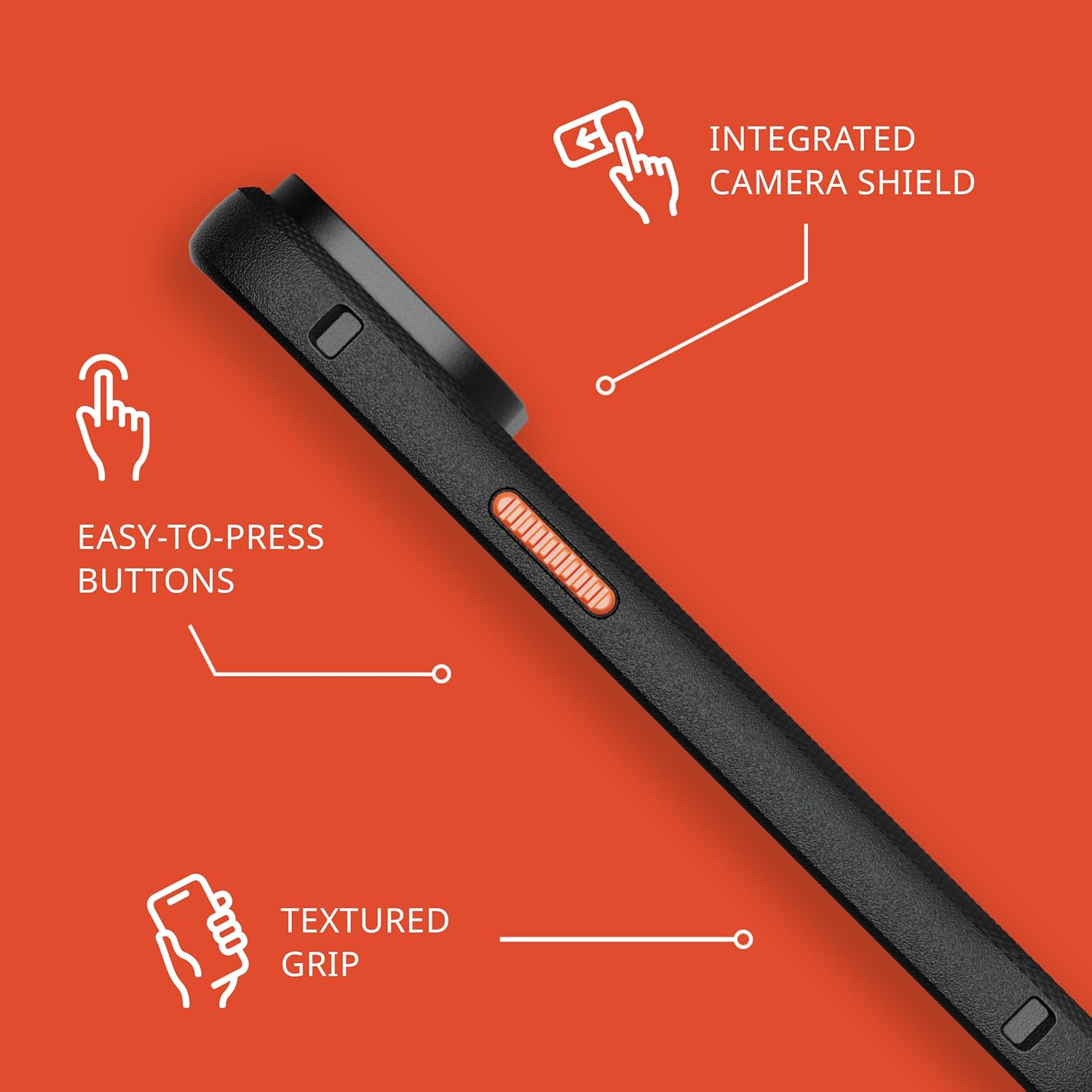 - Integrated Camera Shield
- Easy-to-Press Buttons
- Textured Grip