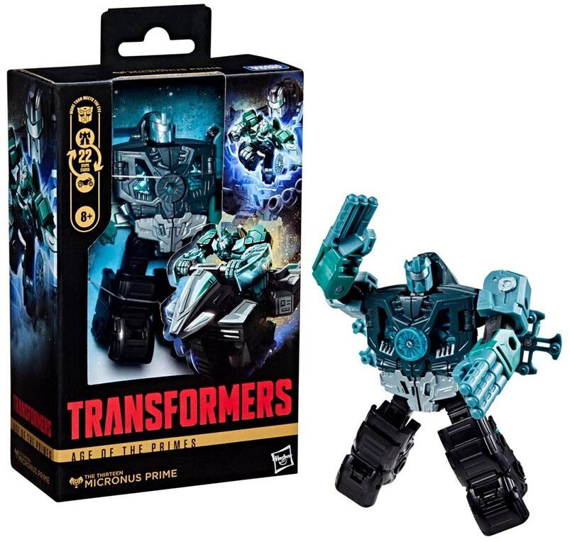 Sure, here is the corrected and grouped text from the image:

---

**TRANSFORMERS**  
**AGE OF THE PRIMES**  
**THE THIRTEEN MICRONUS PRIME**

**22 PIECES**  
**8+**

---

This text is taken from the packaging of the toy.