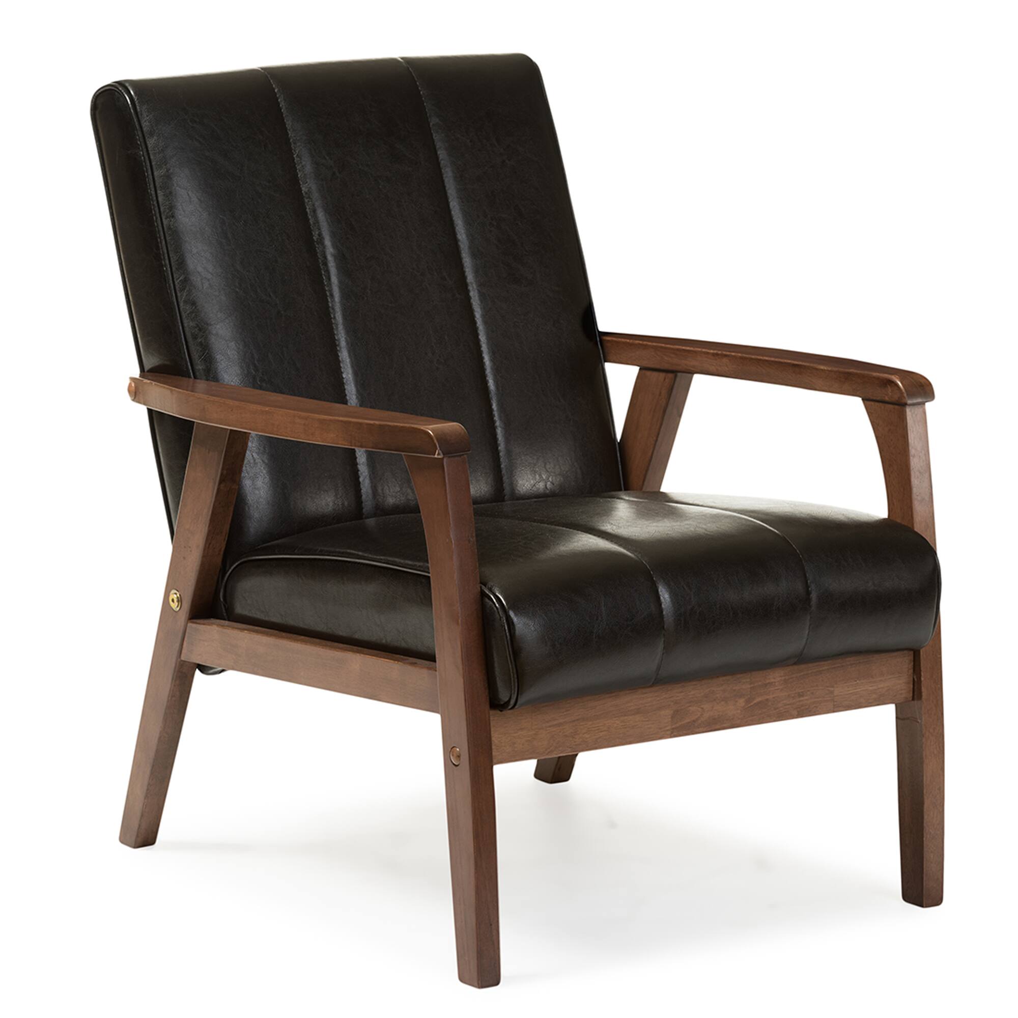 Angle. Baxton Studio - Nikko Mid-century Modern Scandinavian Style Faux Leather Wooden Lounge Chair - Black.