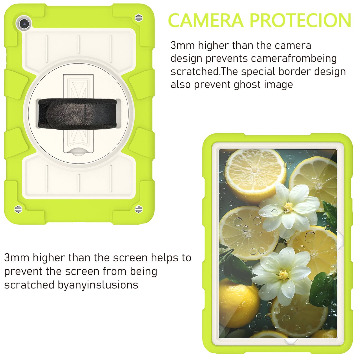 CAMERA PROTECION  
3mm higher than the camera design prevents camera from being scratched. The special border design also prevents ghost image.  

3mm higher than the screen helps to prevent the screen from being scratched by any inclusions.