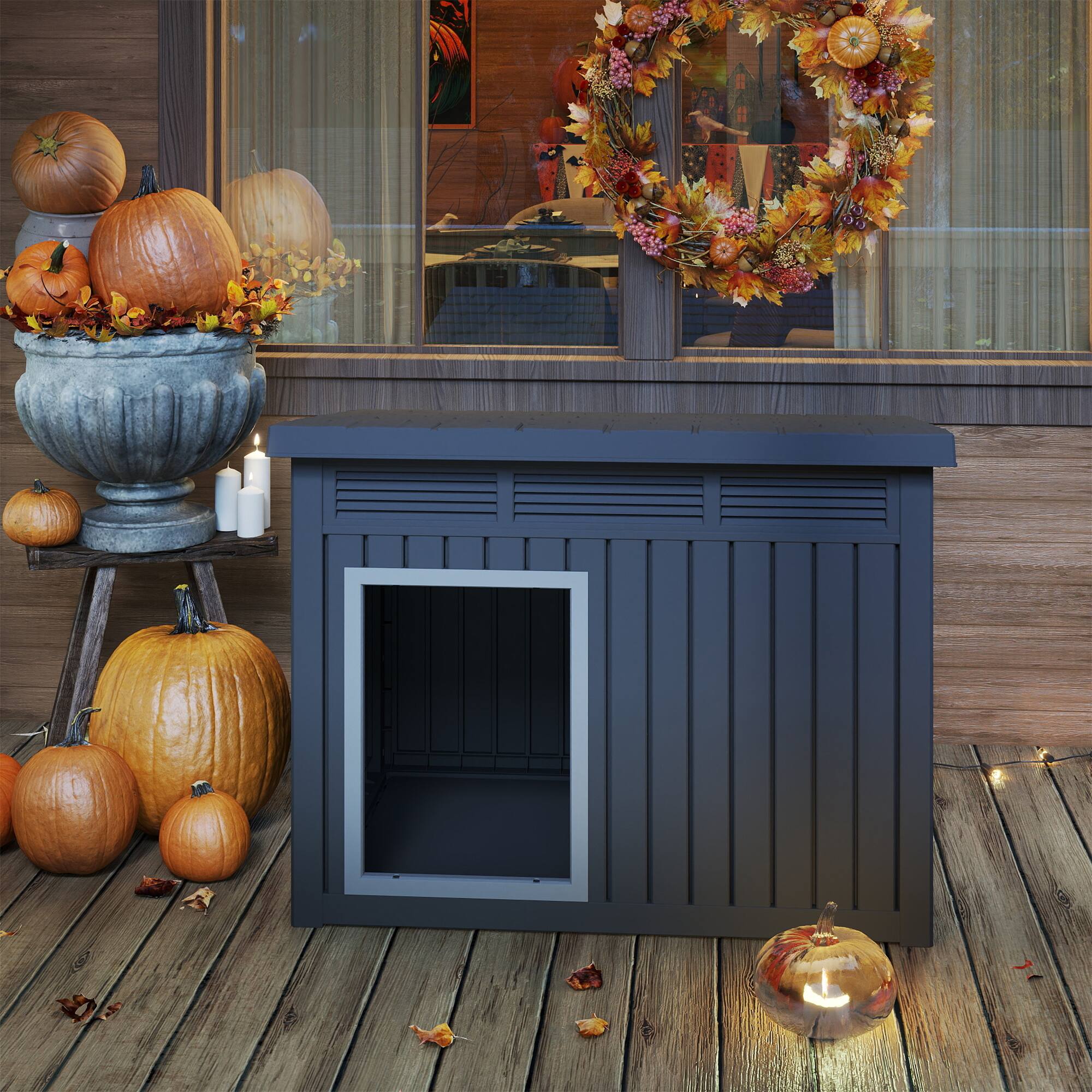 Back. Decksplore - All - Weather Dog House – Indoor/Outdoor, Slanted Roof ,UV - Resistant, Waterproof, Ventilated,.