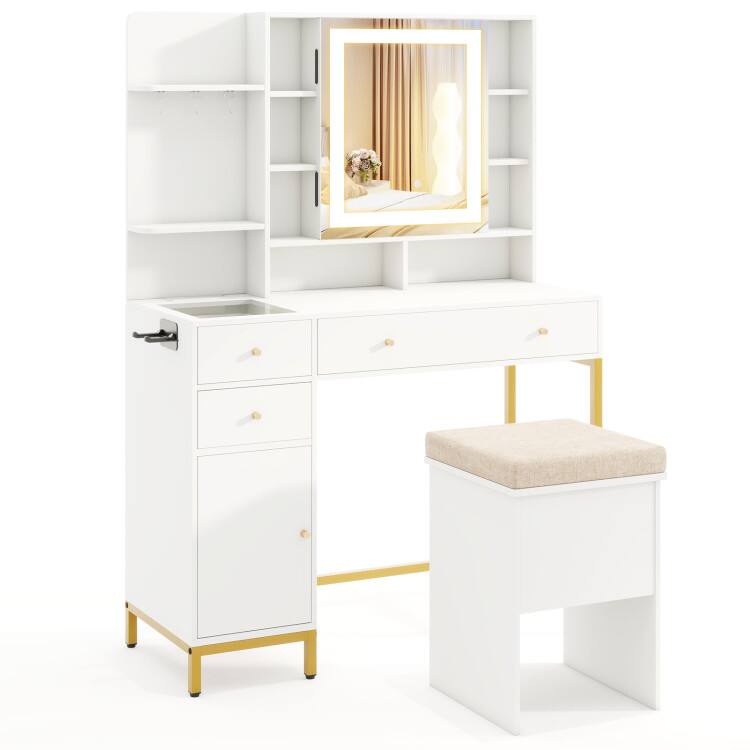 Front. SlickBlue - Makeup Vanity Table Set with 3 Lighting Modes and Cabinet Organizer - White, Gold.