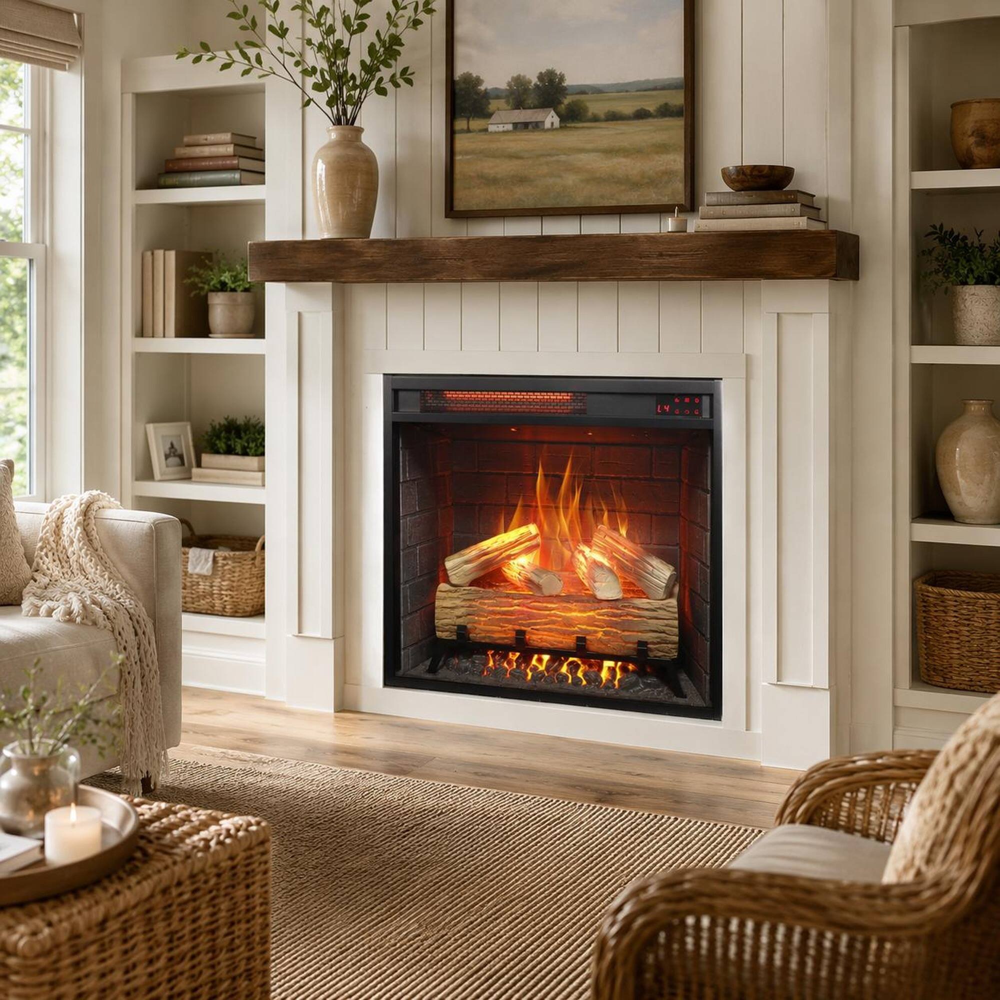 Angle. RYHNUYNE - 23 Inch Infrared Electric Fireplace Insert with Log Set, Realistic Flame, Remote Control & Timer - Antique Black.