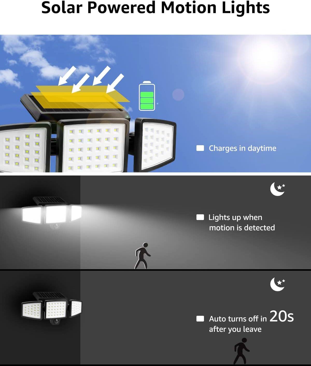 Solar Powered Motion Lights

- Charges in daytime
- Lights up when motion is detected
- Auto turns off in 20s after you leave