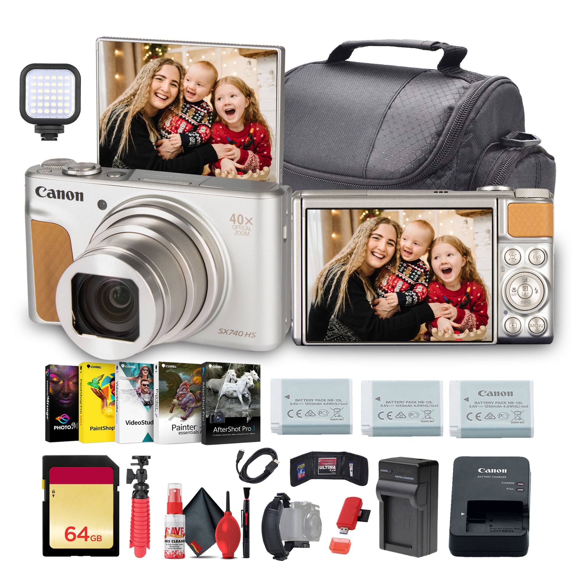 Canon 40x Optical Zoom SX740 HS

- 128GB SD Card
- Canon Battery Pack
- Canon Battery Charger
- Canon Battery Pack
- Canon Battery Pack
- PaintShop
- VideoStudio
- Painter Essentials
- AfterShot Pro 3
- 64GB SD Card
- Cleaning Kit
- Tripod
- Flashlight
- Camera Bag