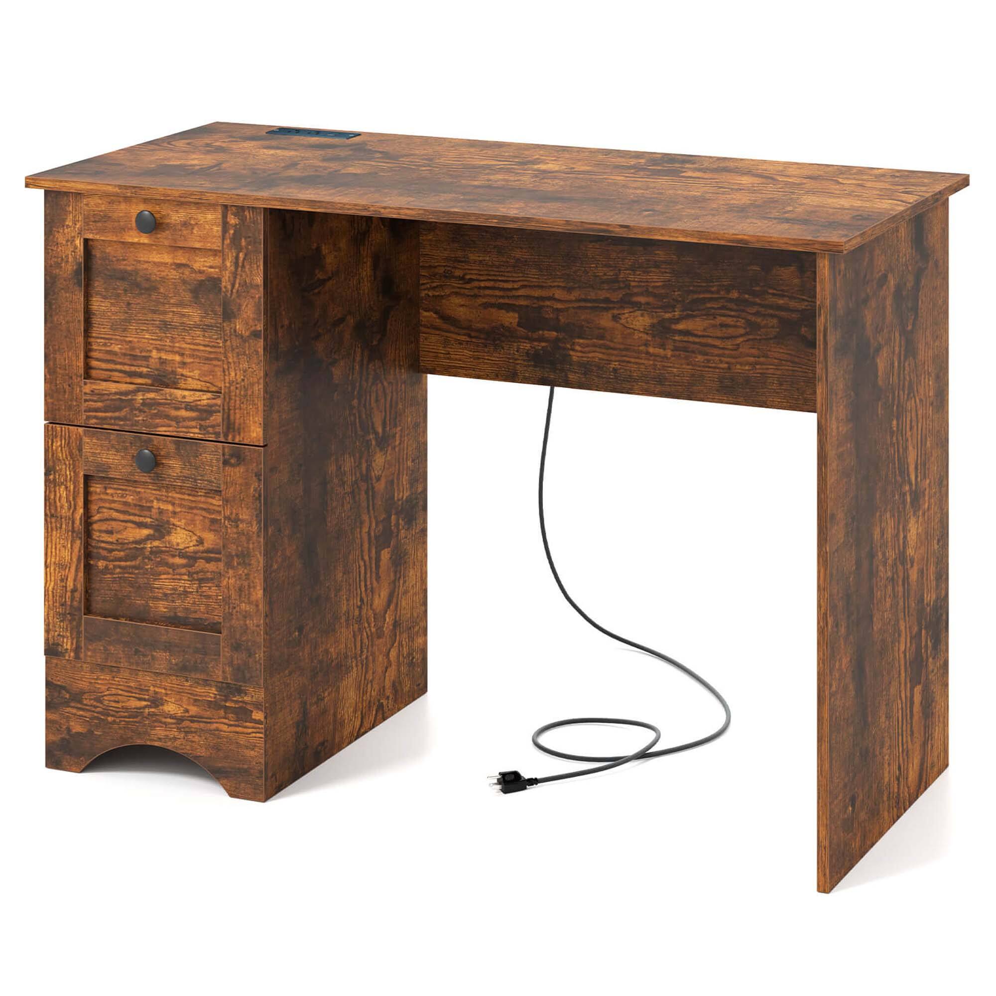 Angle. Costway - Costway 43" Home Office Desk Compact Study Writing Desk with 2 Drawers Charging Station Brown - Brown.