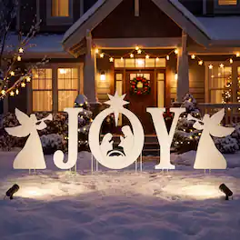 Costway - 5 PCS JOY Nativity Christmas Yard Sign Set with Angels, Holy Family Silhouette - White