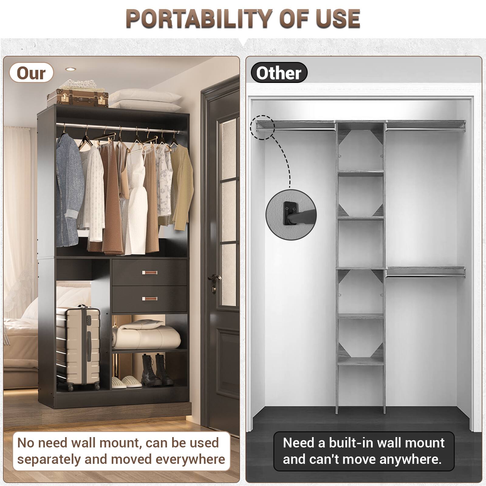 PORTABILITY OF USE

Our  
No need wall mount, can be used separately and moved everywhere

Other  
Need a built-in wall mount and can't move anywhere.