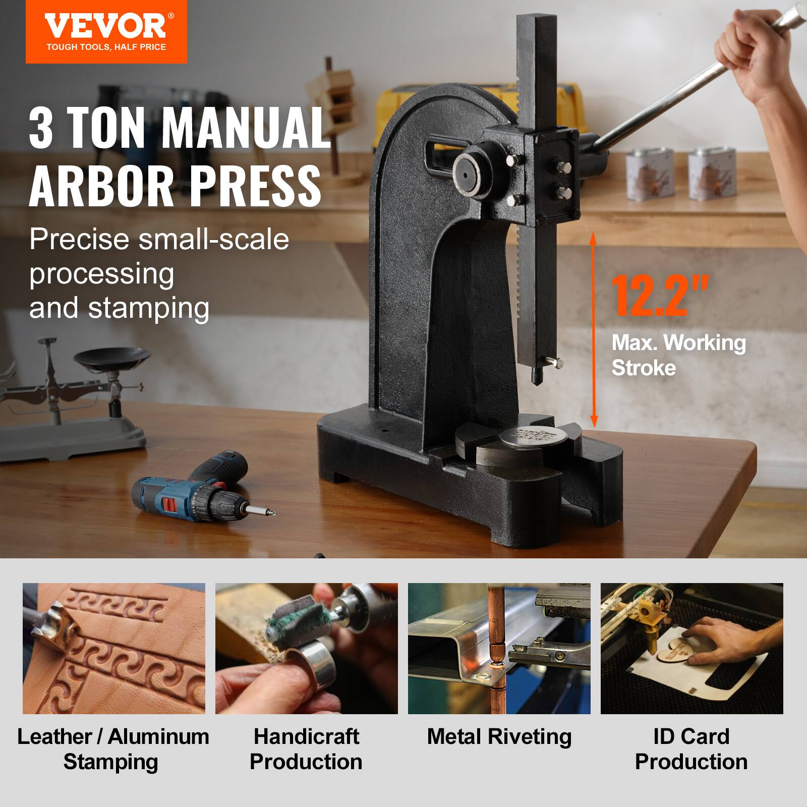 VEVOR TOUGH TOOLS, HALF PRICE

3 TON MANUAL ARBOR PRESS

Precise small-scale processing and stamping

12.2" Max. Working Stroke

Leather / Aluminum Stamping

Handicraft Production

Metal Riveting

ID Card Production