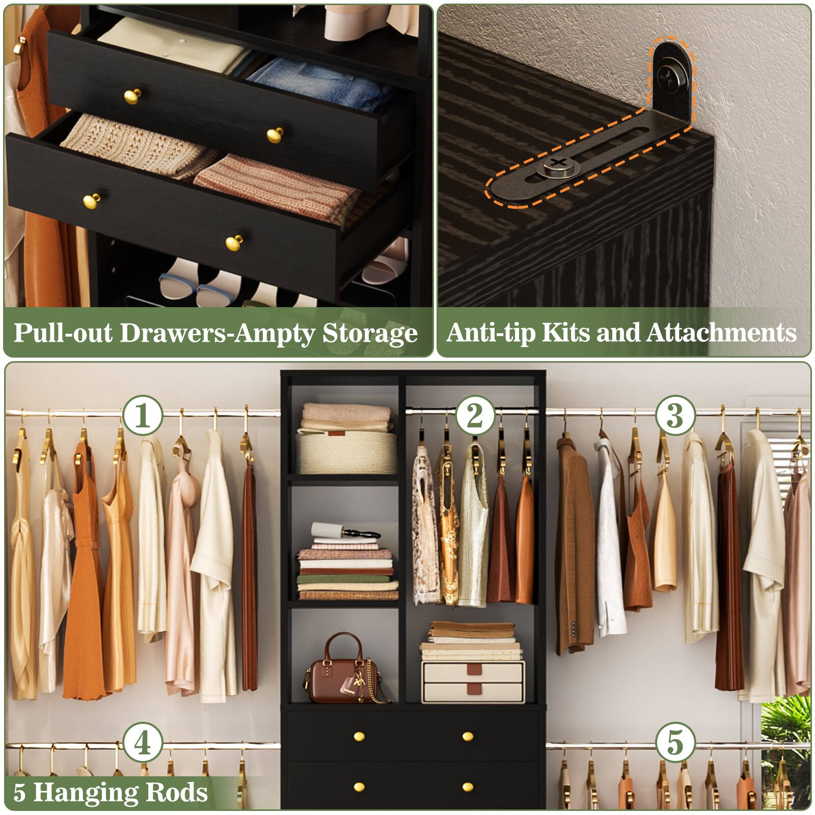 Aheaplus 8FT Heavy Duty Closet System with Hanging Rods, Drawers