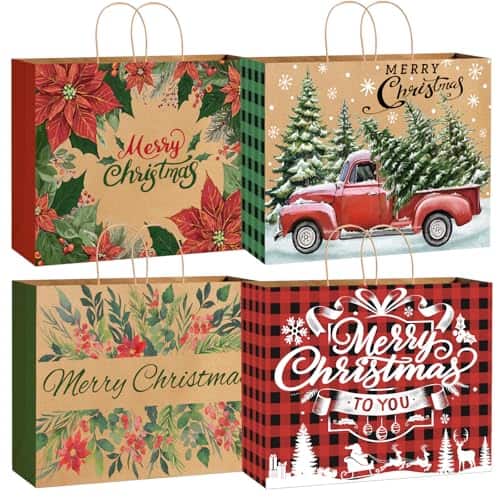 ESBANY - 12PCS Extra Large Christmas Gift Paper Bags, Xmas Jumbo Kraft Tote Bags for Gifts Treat Shopping Wrapping Bags for - Colorful
