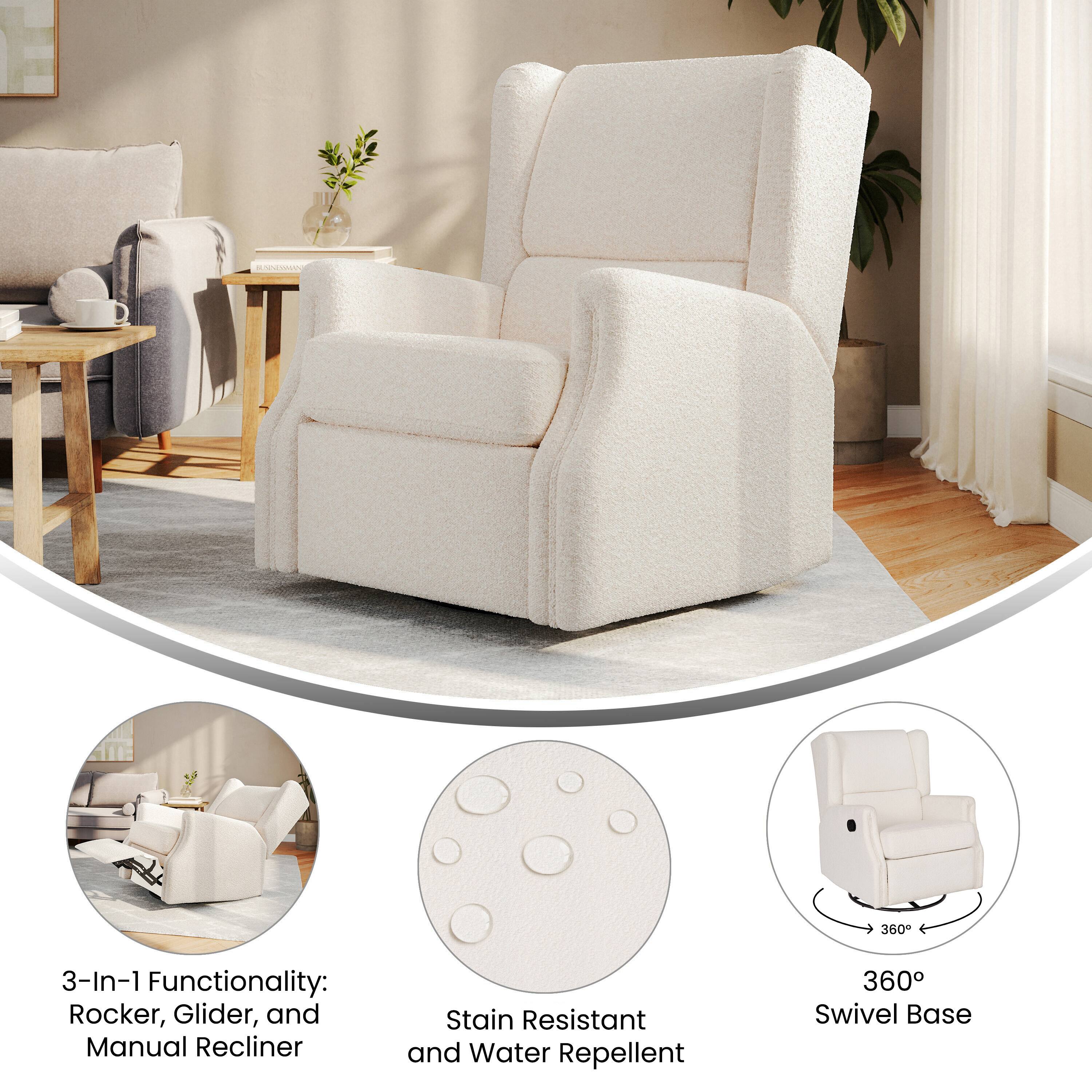 360 3-In-1 Functionality: Rocker, Glider, and Manual Recliner  
Stain Resistant and Water Repellent  
360 Swivel Base