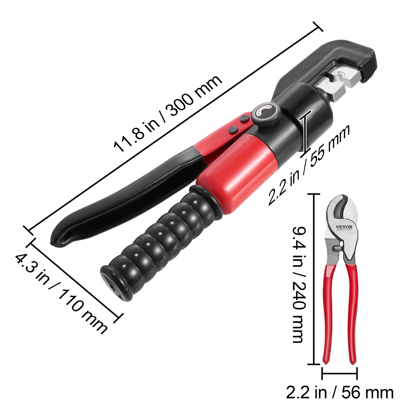 - Length: 11.8 in / 300 mm
- Width: 2.2 in / 55 mm
- Height: 4.3 in / 110 mm
- Pliers: 9.4 in / 240 mm
- Pliers Width: 2.2 in / 56 mm