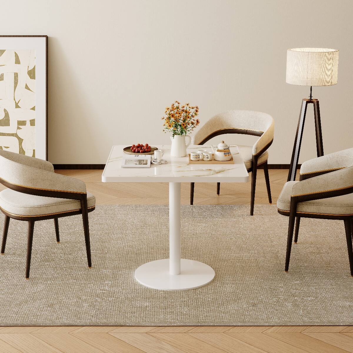 Alt View 7. Loheer - Loheer White Sintered Stone Dining Table, Square Marble Look Tabletop for Small Spaces - White.