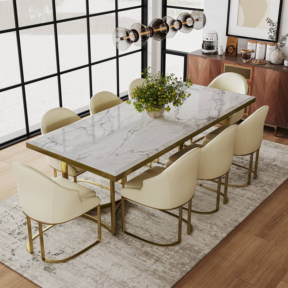 Alt View 1. POVISON - 71"Bura Modern Faux Marble Dining Table For 6, White Rectangular Tabletop Gold Stainless Legs - White.