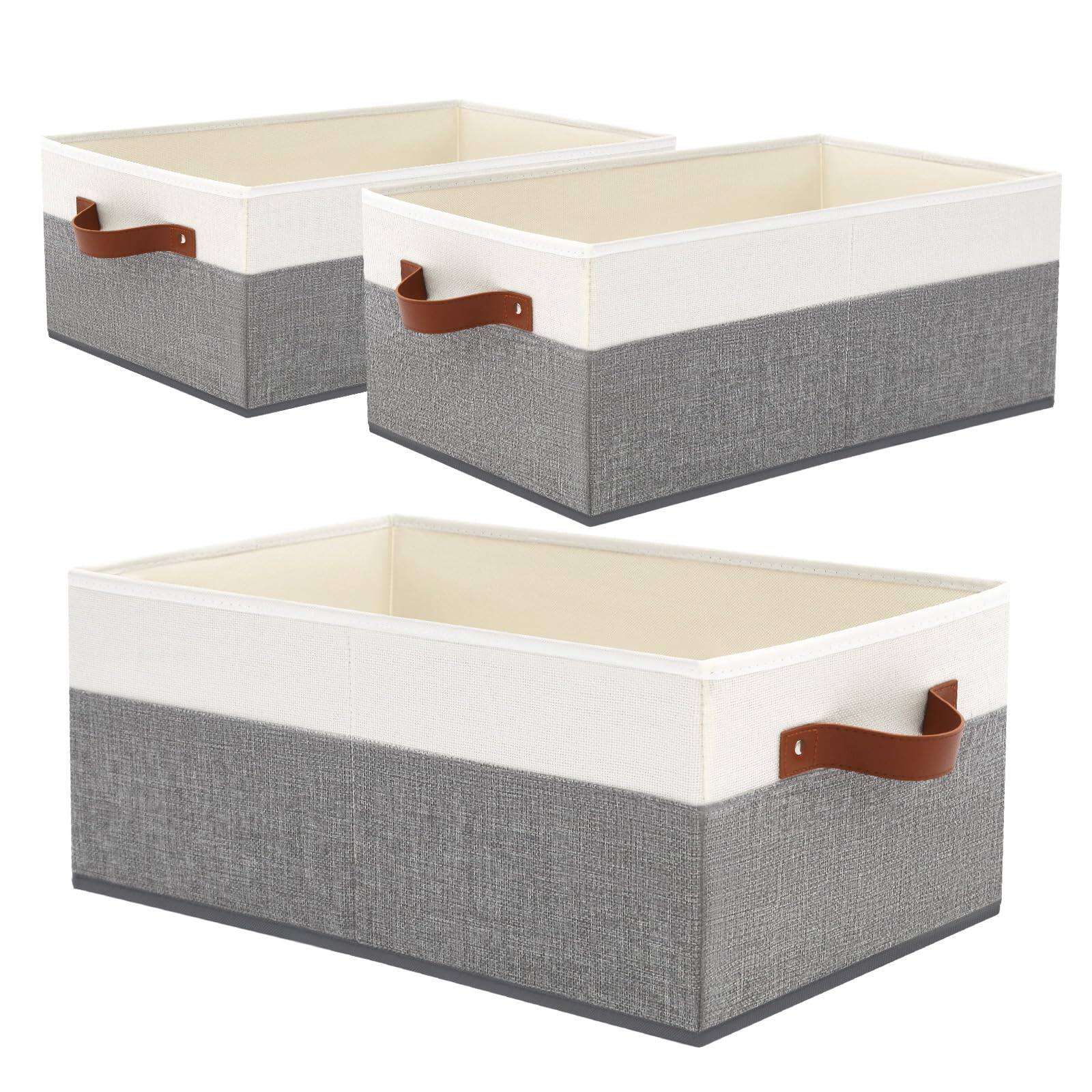 Front. Dazzling Pops - 6 Pack Fabric Storage Bins, Storage Baskets for Shelves, Foldable Closet Organizer Storage Boxes with Leath... - 3 Pack Grey & White.