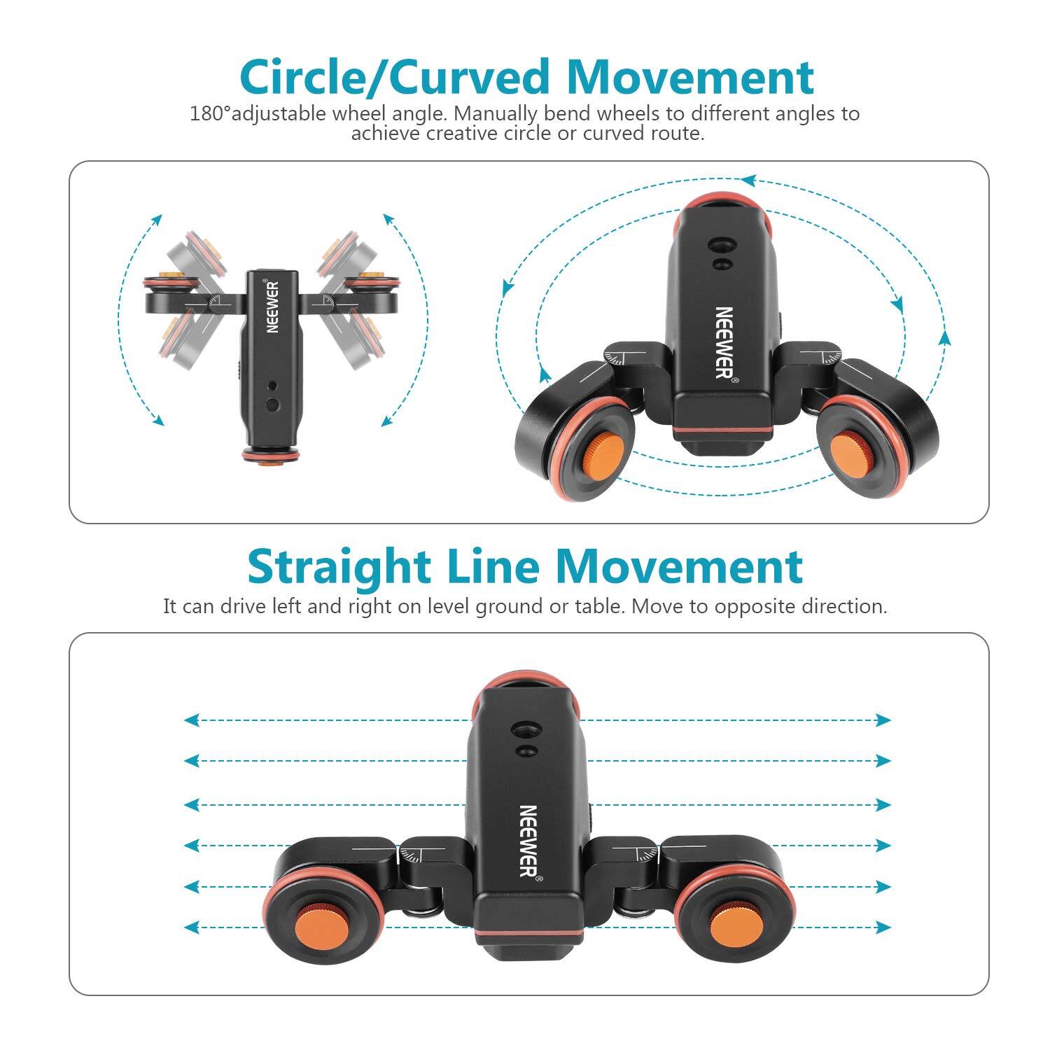 Circle/Curved Movement  
180° adjustable wheel angle. Manually bend wheels to different angles to achieve creative circle or curved route.  

Straight Line Movement  
It can drive left and right on level ground or table. Move to opposite direction.