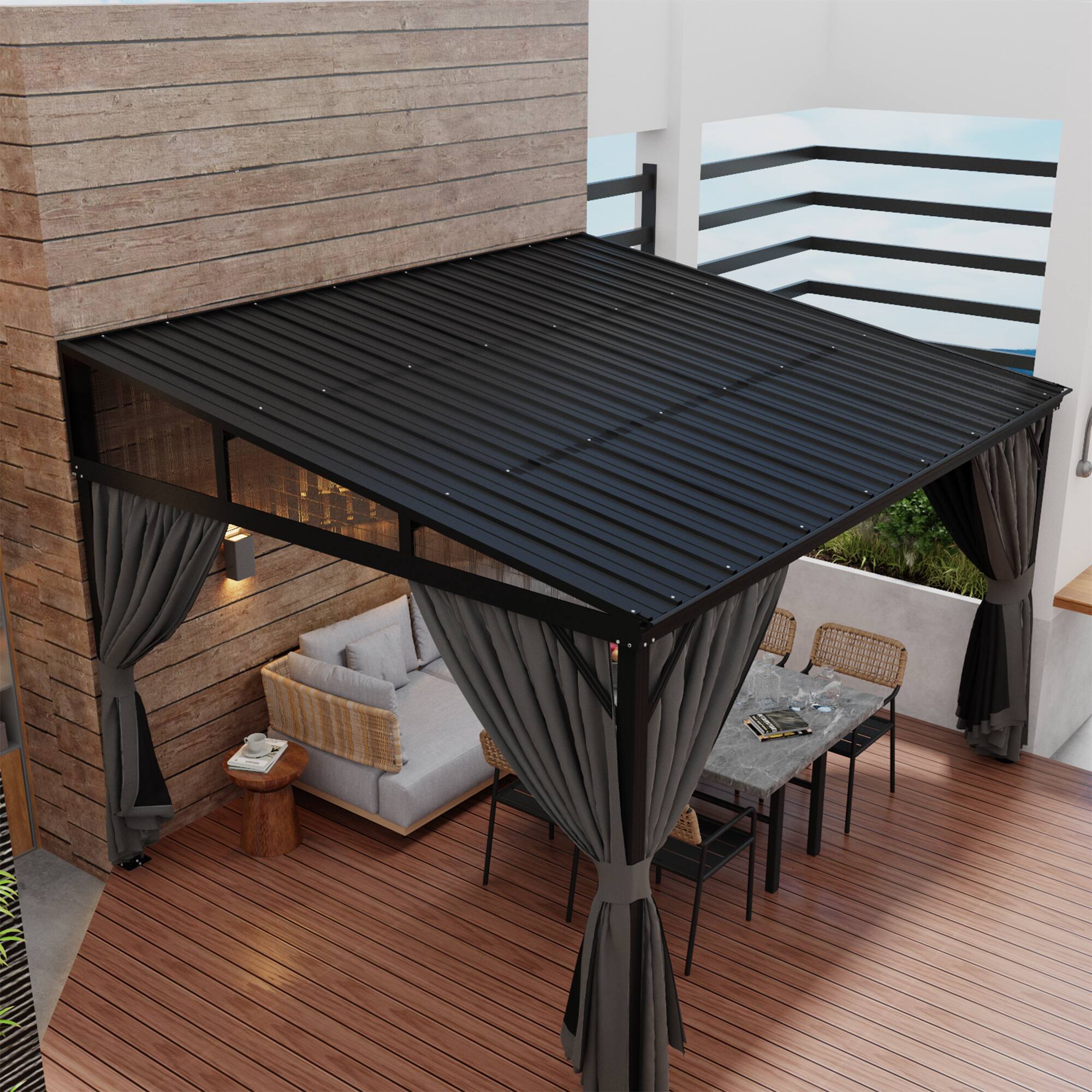 Angle. Famapy - Heavy Duty Outdoor Gazebo with Steel Roof, Aluminum Frame, Curtains & Netting for Patio, Garden, Deck.