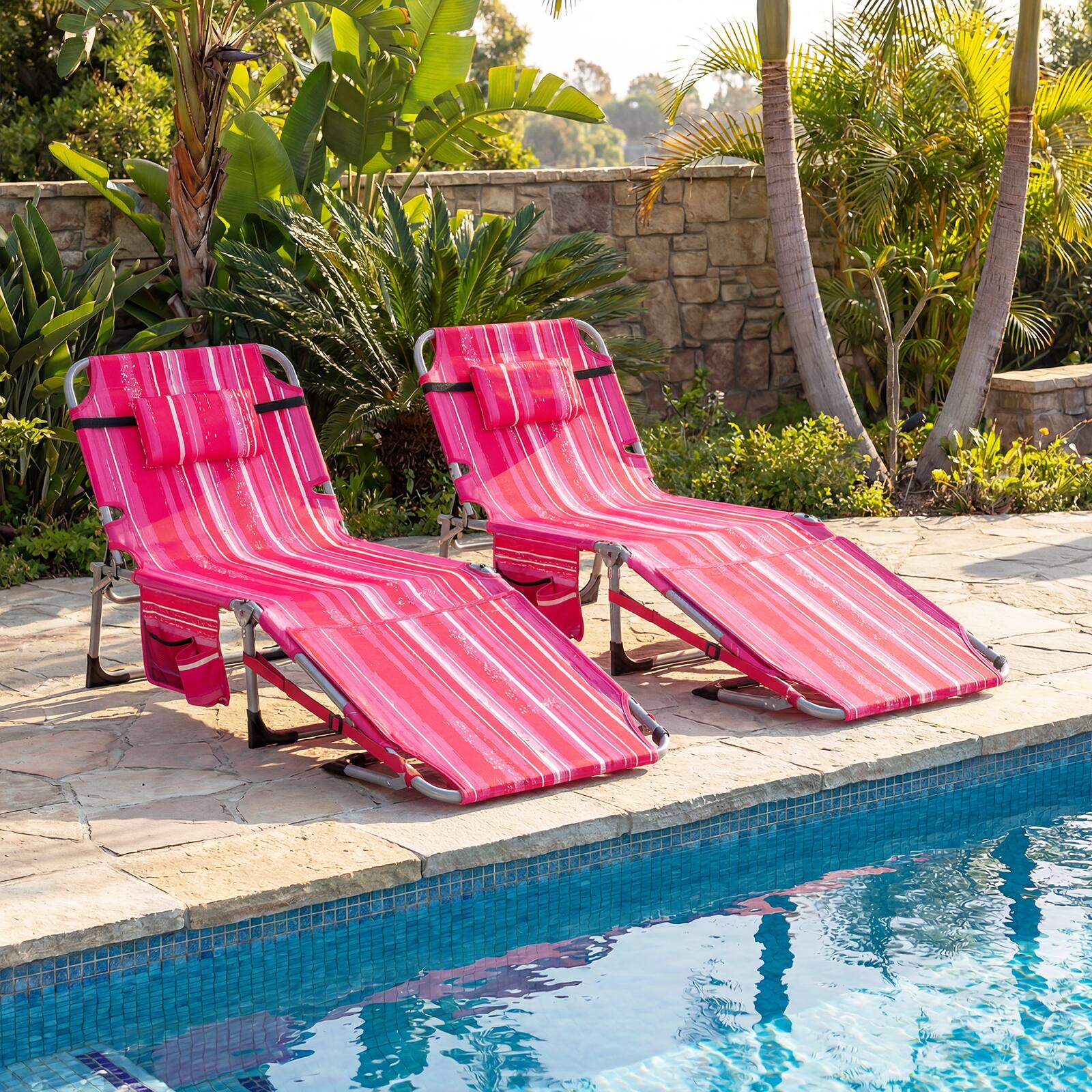 Alt View 1. Gymax - Gymax 2PCS Tanning Chair w/Face Arm Holes 4-Level Backrest & Head Pillow Side Pocket Pink  Stripe - Pink.