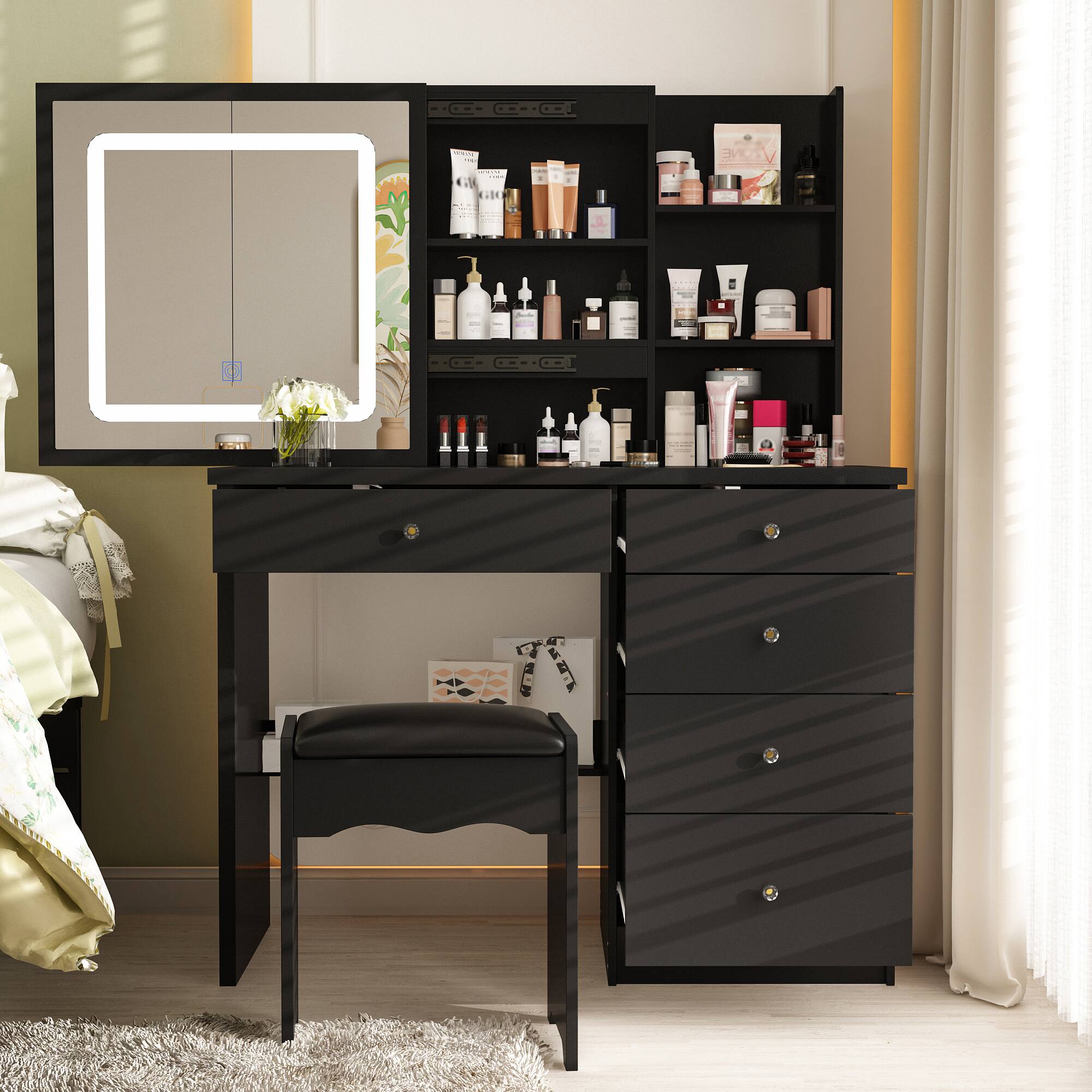 Alt View 8. Famapy - Vanity Table with Sliding LED Mirror & Hidden Storage For Bedroom Beauty Organizer Dresser - Black.