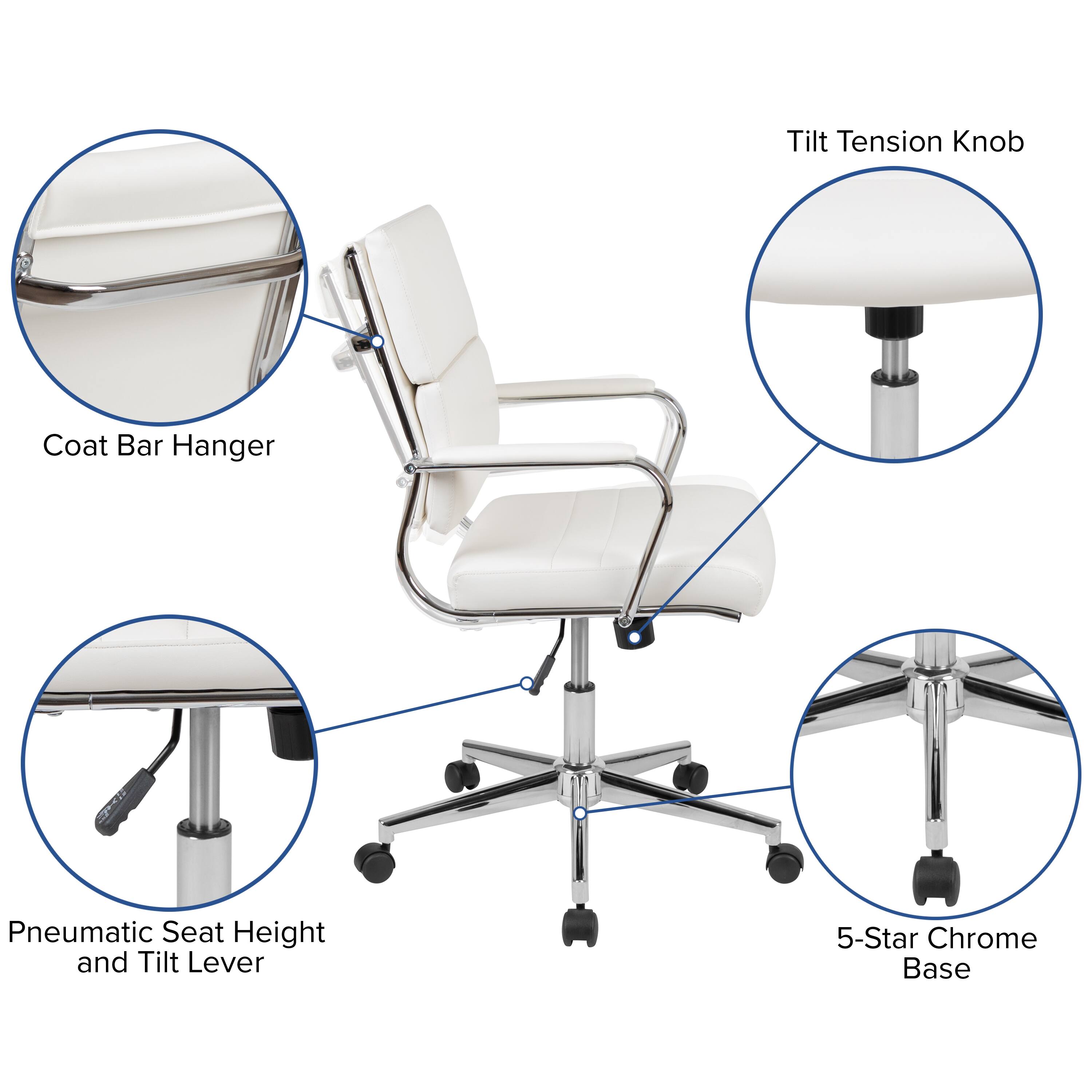 - Tilt Tension Knob
- Coat Bar Hanger
- Pneumatic Seat Height and Tilt Lever
- 5-Star Chrome Base