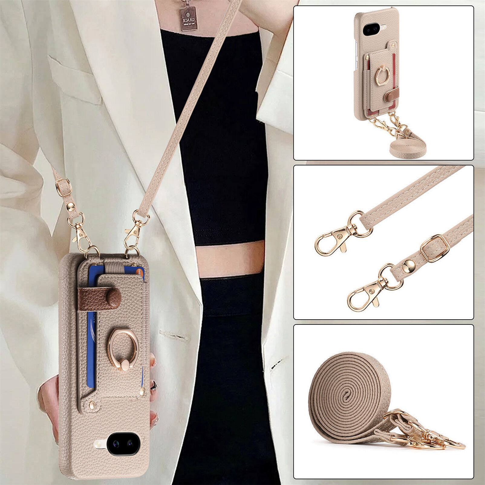 Alt View 4. Dteck - Lychee Texture Wallet Case for Google Pixel 9a with Metal Ring Kickstand,Crossbody Faux Leather Cover with Card Holder - Khaki.