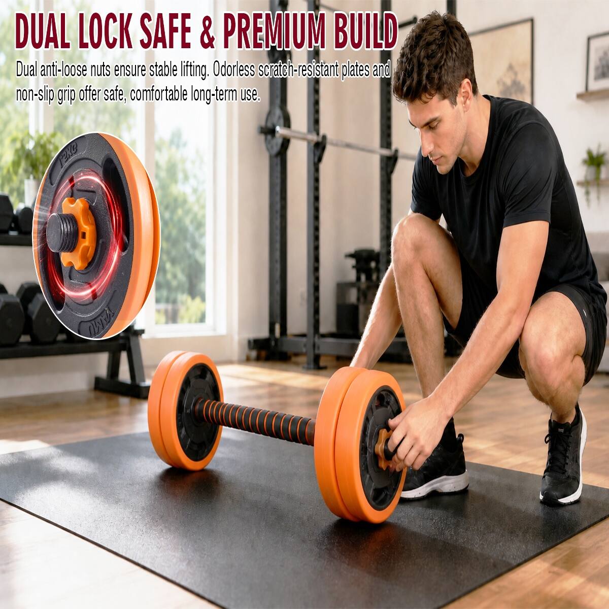 DUAL LOCK SAFE & PREMIUM BUILD

Dual anti-loose nuts ensure stable lifting. Odorless scratch-resistant plates and non-slip grip offer safe, comfortable long-term use.