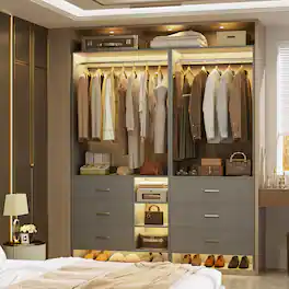 Aheaplus - Wardrobe Closet System 2-Piece Set, 4.5ft Organizer System with 6 Drawers and 2 Hanging Rods - Gray
