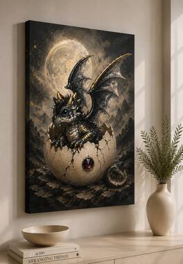 FC Design - Large Crescent Moon Baby Dragon Wall Art Canvas Print 24x36" Fantasy Colorful Hatchling Painting for Home Decor - MultiColor
