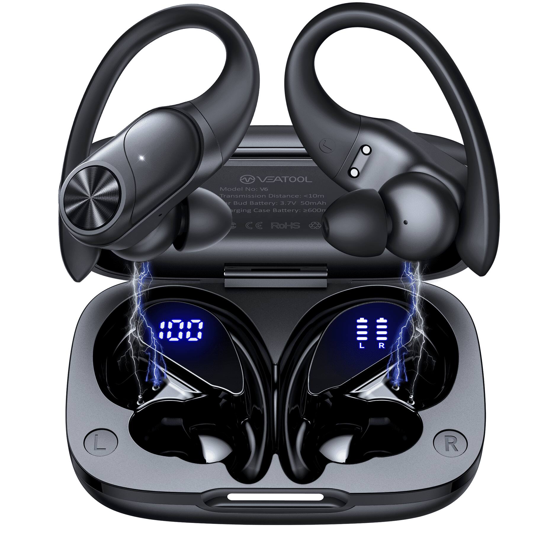 VEAT00L - V6 Bluetooth Headphones Wireless Earbuds 88Hrs Playback Sport Ear Buds with Earhook Digital Display Charging Case - Black