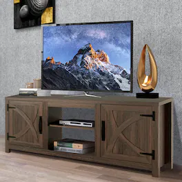 Ihomeadore - 58" Farmhouse TV Stand with Open Storage Shelves and Cabinets for TV up to 65" - Brown
